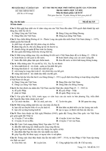 Đề thi THPT quốc gia năm 2018 môn Lịch sử - Mã đề 315 (Kèm đáp án)