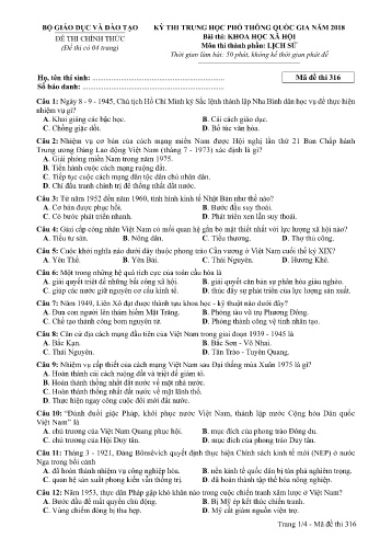 Đề thi THPT quốc gia năm 2018 môn Lịch sử - Mã đề 316 (Kèm đáp án)