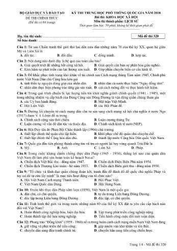 Đề thi THPT quốc gia năm 2018 môn Lịch sử - Mã đề 320 (Kèm đáp án)