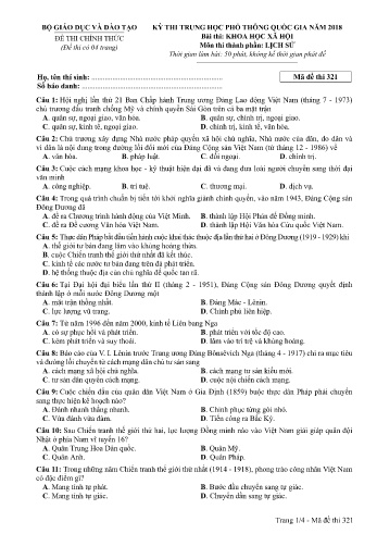 Đề thi THPT quốc gia năm 2018 môn Lịch sử - Mã đề 321 (Kèm đáp án)