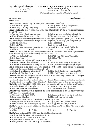 Đề thi THPT quốc gia năm 2018 môn Lịch sử - Mã đề 322 (Kèm đáp án)