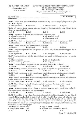 Đề thi THPT quốc gia năm 2018 môn Sinh học - Mã đề 202 (Kèm đáp án)