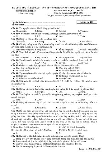 Đề thi THPT quốc gia năm 2018 môn Sinh học - Mã đề 203 (Kèm đáp án)