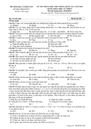 Đề thi THPT quốc gia năm 2018 môn Sinh học - Mã đề 205 (Kèm đáp án)