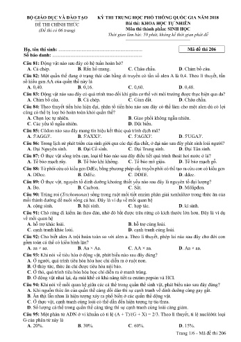 Đề thi THPT quốc gia năm 2018 môn Sinh học - Mã đề 206 (Kèm đáp án)