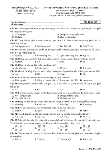 Đề thi THPT quốc gia năm 2018 môn Sinh học - Mã đề 207 (Kèm đáp án)