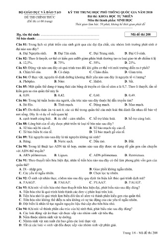 Đề thi THPT quốc gia năm 2018 môn Sinh học - Mã đề 208 (Kèm đáp án)