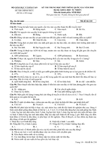 Đề thi THPT quốc gia năm 2018 môn Sinh học - Mã đề 210 (Kèm đáp án)