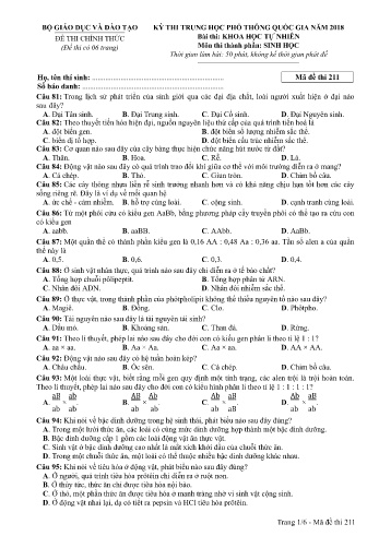 Đề thi THPT quốc gia năm 2018 môn Sinh học - Mã đề 211 (Kèm đáp án)