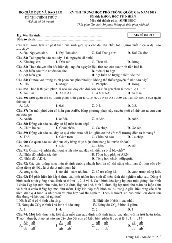 Đề thi THPT quốc gia năm 2018 môn Sinh học - Mã đề 213 (Kèm đáp án)