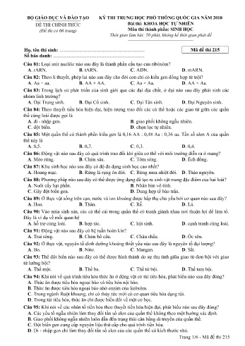 Đề thi THPT quốc gia năm 2018 môn Sinh học - Mã đề 215 (Kèm đáp án)