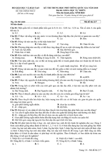 Đề thi THPT quốc gia năm 2018 môn Sinh học - Mã đề 217 (Kèm đáp án)