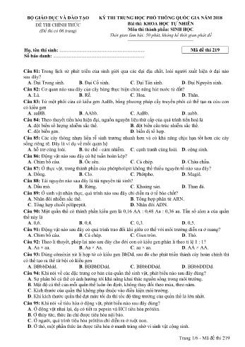 Đề thi THPT quốc gia năm 2018 môn Sinh học - Mã đề 219 (Kèm đáp án)