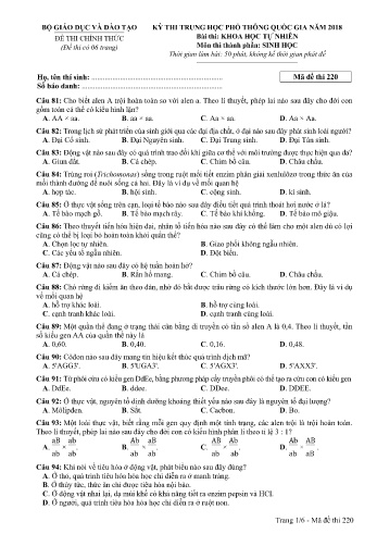 Đề thi THPT quốc gia năm 2018 môn Sinh học - Mã đề 220 (Kèm đáp án)