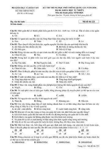 Đề thi THPT quốc gia năm 2018 môn Sinh học - Mã đề 221 (Kèm đáp án)