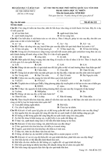 Đề thi THPT quốc gia năm 2018 môn Sinh học - Mã đề 222 (Kèm đáp án)