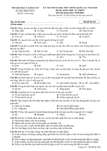 Đề thi THPT quốc gia năm 2018 môn Sinh học - Mã đề 224 (Kèm đáp án)