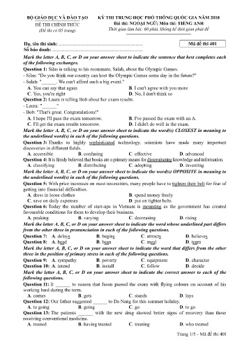 Đề thi THPT quốc gia năm 2018 môn Tiếng Anh - Mã đề 401 (Kèm đáp án)
