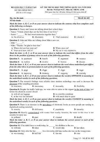 Đề thi THPT quốc gia năm 2018 môn Tiếng Anh - Mã đề 402 (Kèm đáp án)