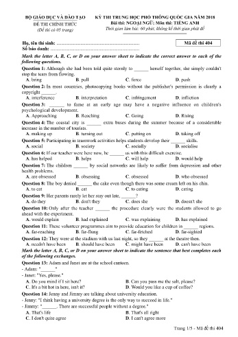 Đề thi THPT quốc gia năm 2018 môn Tiếng Anh - Mã đề 404 (Kèm đáp án)