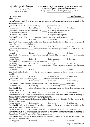 Đề thi THPT quốc gia năm 2018 môn Tiếng Anh - Mã đề 405 (Kèm đáp án)