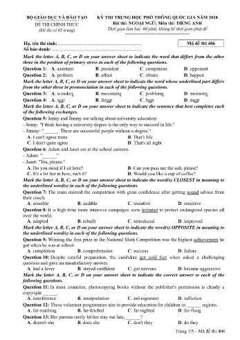 Đề thi THPT quốc gia năm 2018 môn Tiếng Anh - Mã đề 406 (Kèm đáp án)