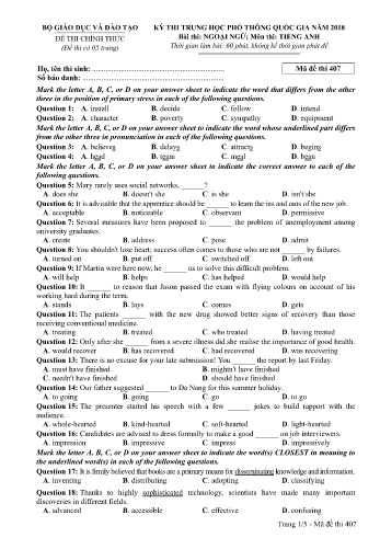 Đề thi THPT quốc gia năm 2018 môn Tiếng Anh - Mã đề 407 (Kèm đáp án)