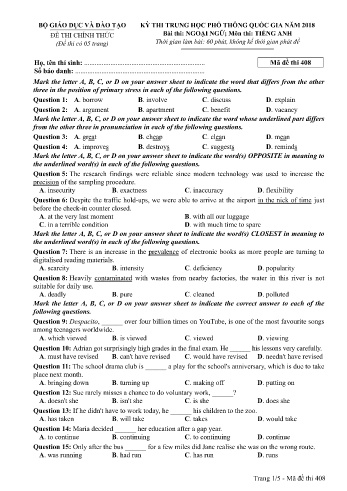 Đề thi THPT quốc gia năm 2018 môn Tiếng Anh - Mã đề 408 (Kèm đáp án)