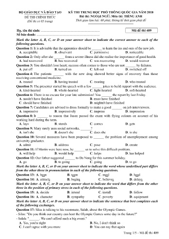 Đề thi THPT quốc gia năm 2018 môn Tiếng Anh - Mã đề 409 (Kèm đáp án)