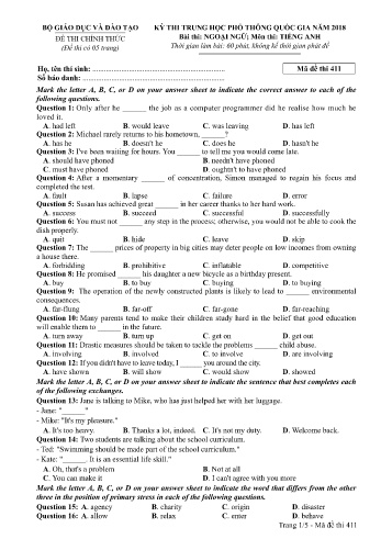 Đề thi THPT quốc gia năm 2018 môn Tiếng Anh - Mã đề 411 (Kèm đáp án)