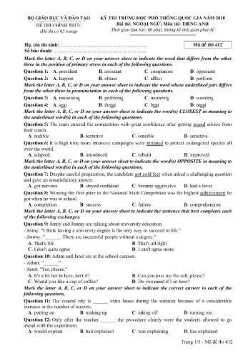 Đề thi THPT quốc gia năm 2018 môn Tiếng Anh - Mã đề 412 (Kèm đáp án)
