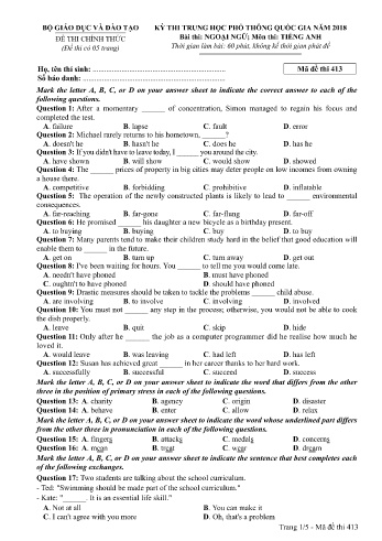 Đề thi THPT quốc gia năm 2018 môn Tiếng Anh - Mã đề 413 (Kèm đáp án)
