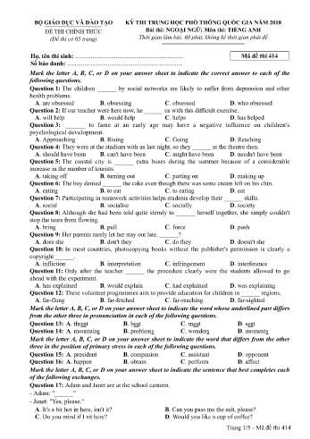 Đề thi THPT quốc gia năm 2018 môn Tiếng Anh - Mã đề 414 (Kèm đáp án)