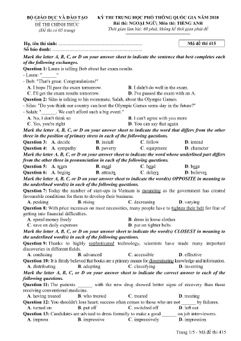 Đề thi THPT quốc gia năm 2018 môn Tiếng Anh - Mã đề 415 (Kèm đáp án)