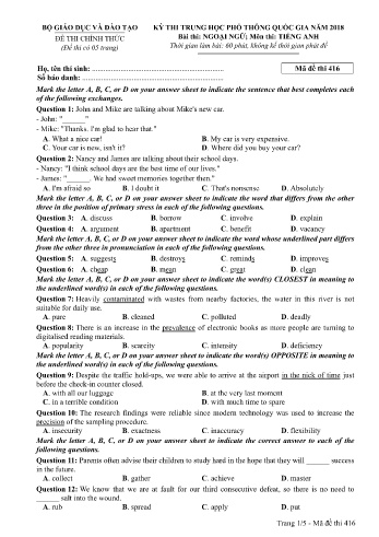 Đề thi THPT quốc gia năm 2018 môn Tiếng Anh - Mã đề 416 (Kèm đáp án)