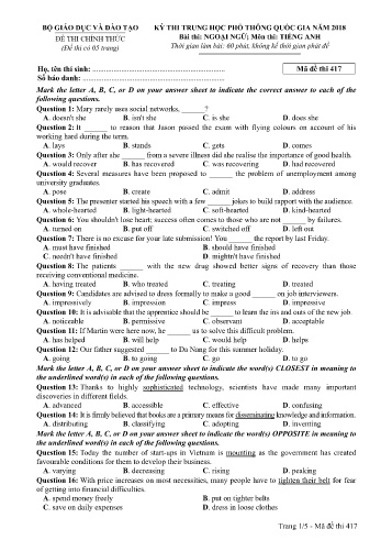 Đề thi THPT quốc gia năm 2018 môn Tiếng Anh - Mã đề 417 (Kèm đáp án)