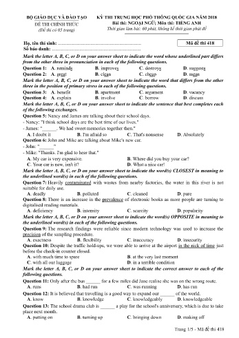 Đề thi THPT quốc gia năm 2018 môn Tiếng Anh - Mã đề 418 (Kèm đáp án)