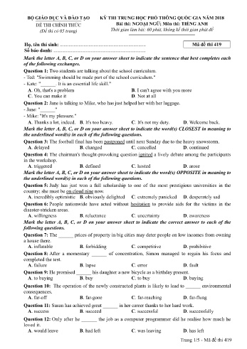 Đề thi THPT quốc gia năm 2018 môn Tiếng Anh - Mã đề 419 (Kèm đáp án)