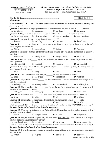 Đề thi THPT quốc gia năm 2018 môn Tiếng Anh - Mã đề 420 (Kèm đáp án)