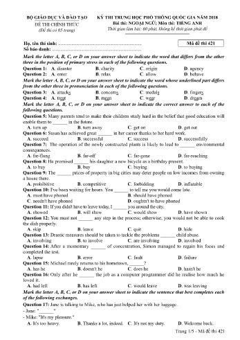 Đề thi THPT quốc gia năm 2018 môn Tiếng Anh - Mã đề 421 (Kèm đáp án)