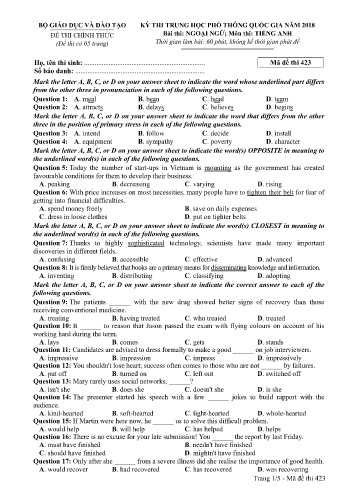 Đề thi THPT quốc gia năm 2018 môn Tiếng Anh - Mã đề 423 (Kèm đáp án)
