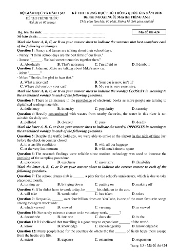 Đề thi THPT quốc gia năm 2018 môn Tiếng Anh - Mã đề 424 (Kèm đáp án)