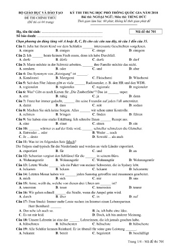 Đề thi THPT quốc gia năm 2018 môn Tiếng Đức - Mã đề 701 (Kèm đáp án)