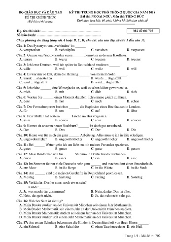 Đề thi THPT quốc gia năm 2018 môn Tiếng Đức - Mã đề 702 (Kèm đáp án)