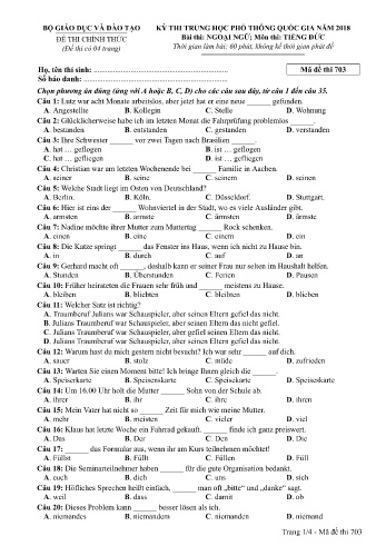 Đề thi THPT quốc gia năm 2018 môn Tiếng Đức - Mã đề 703 (Kèm đáp án)