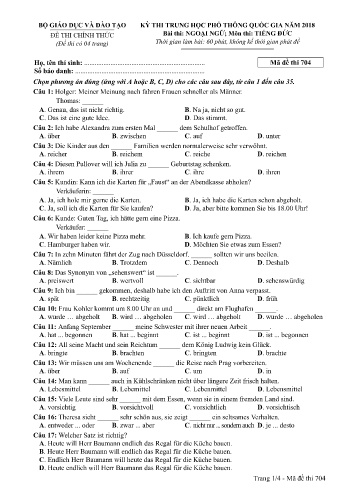 Đề thi THPT quốc gia năm 2018 môn Tiếng Đức - Mã đề 704 (Kèm đáp án)