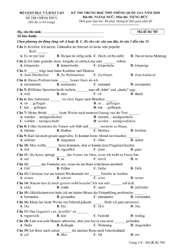 Đề thi THPT quốc gia năm 2018 môn Tiếng Đức - Mã đề 705 (Kèm đáp án)