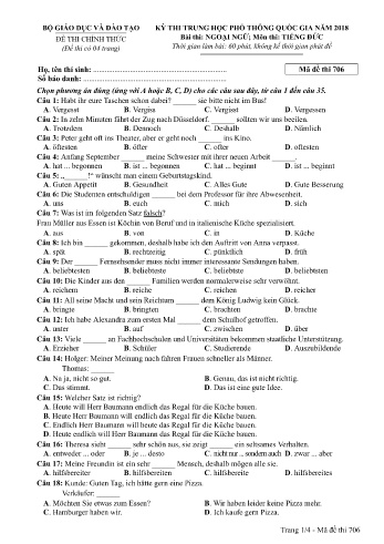 Đề thi THPT quốc gia năm 2018 môn Tiếng Đức - Mã đề 706 (Kèm đáp án)