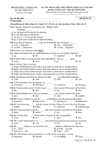 Đề thi THPT quốc gia năm 2018 môn Tiếng Đức - Mã đề 707 (Kèm đáp án)