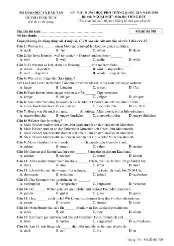 Đề thi THPT quốc gia năm 2018 môn Tiếng Đức - Mã đề 708 (Kèm đáp án)